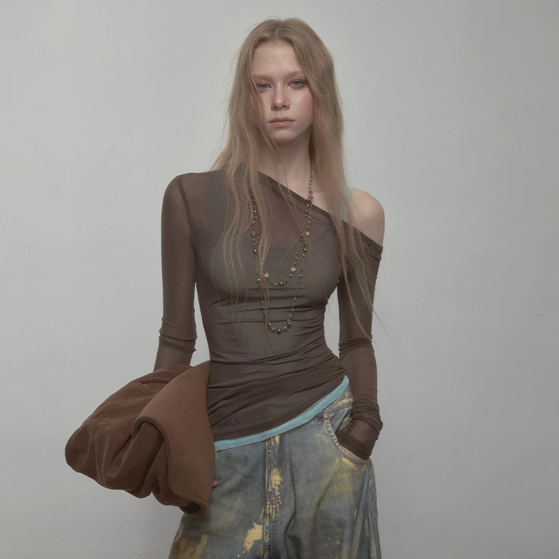 wooha 吾哈2025夏季新款斜肩网纱打底衫撞色拼接T恤