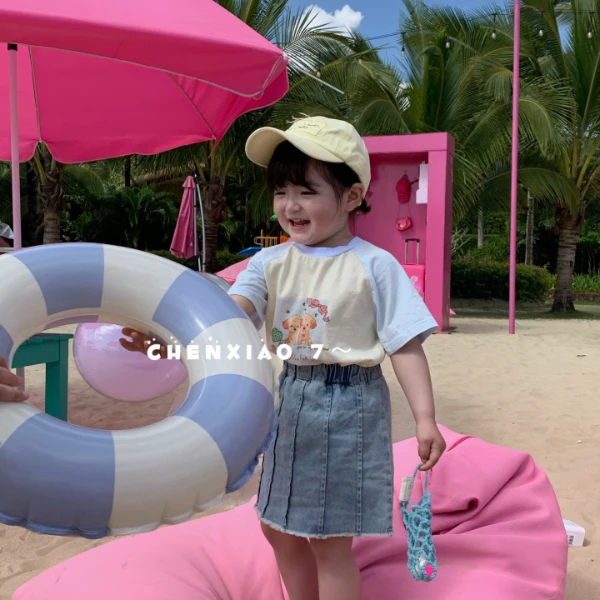 XQ-2100-儿童2025春夏季新款时尚洋气百搭卡通拼色T恤