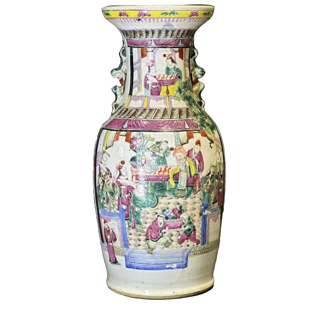 25200722y粉彩人物故事纹双耳盘口瓶