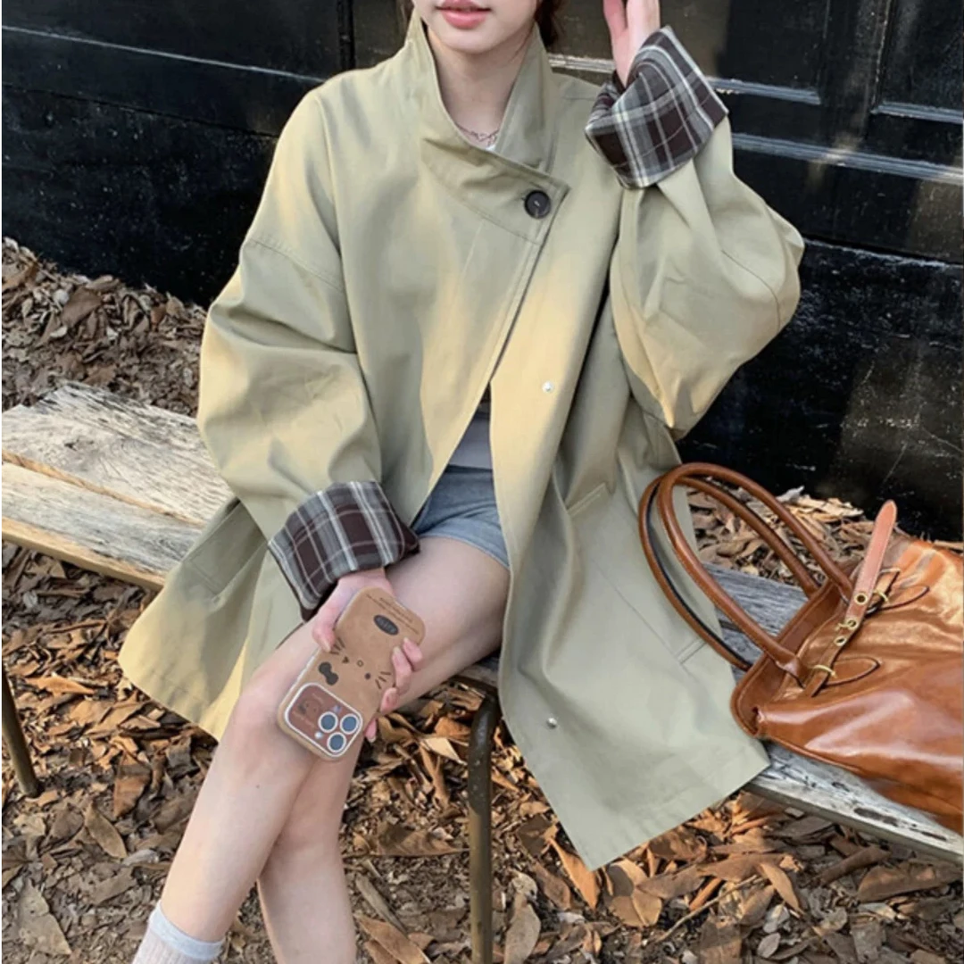诺丁山下微胖妹妹高级经典撞色风衣外套廓形显瘦宽松英伦风衣大衣