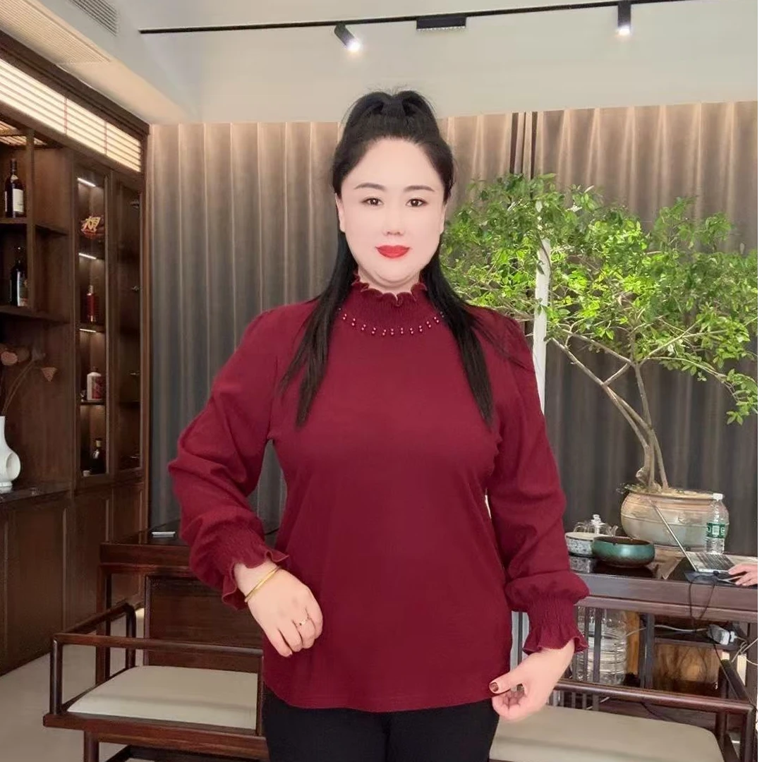 2025新款时尚洋气净版修身钉珠半高领糖果色遮肉显瘦上衣