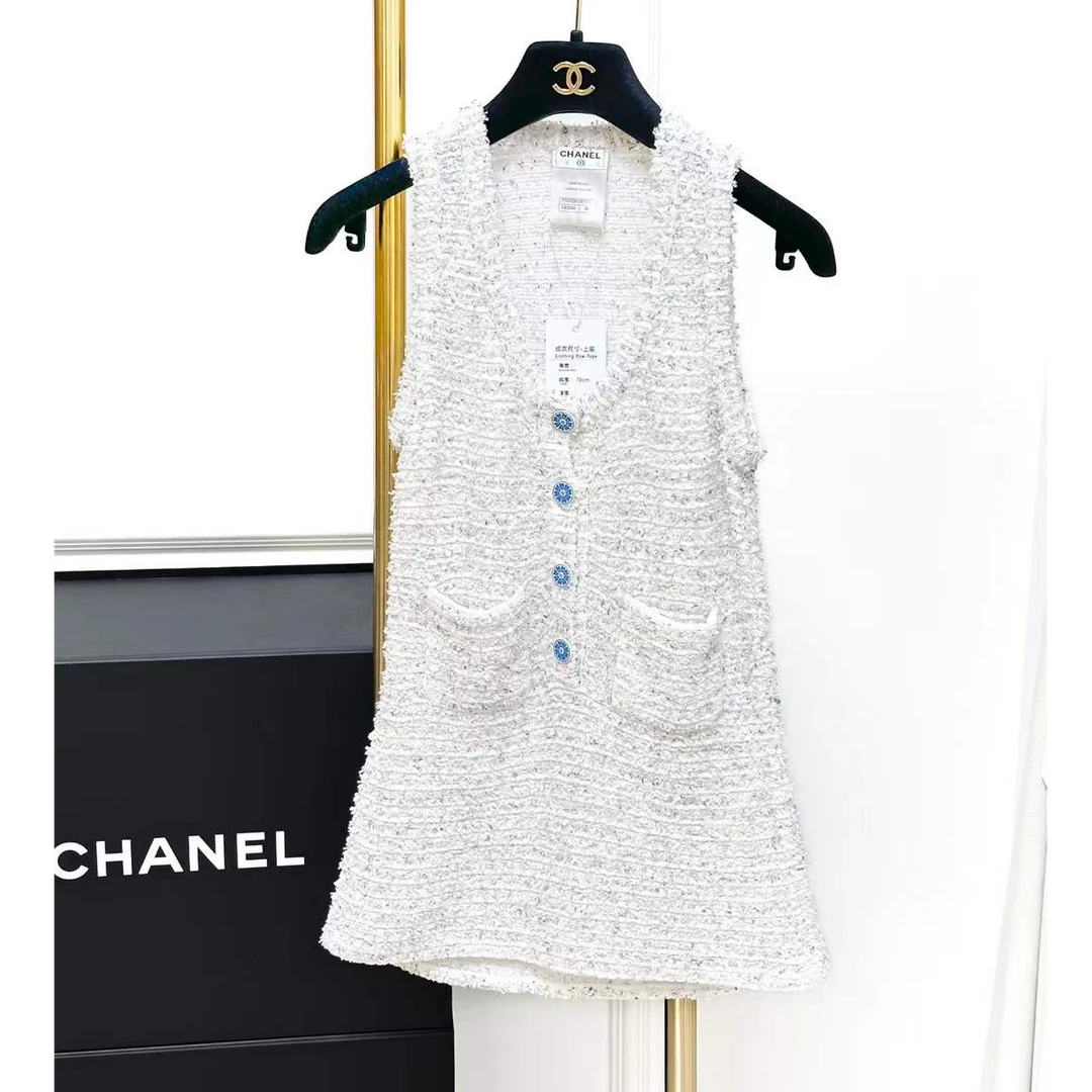 99新 Chanel/香奈儿 38码16C白篮混色编织双口袋无袖背心
