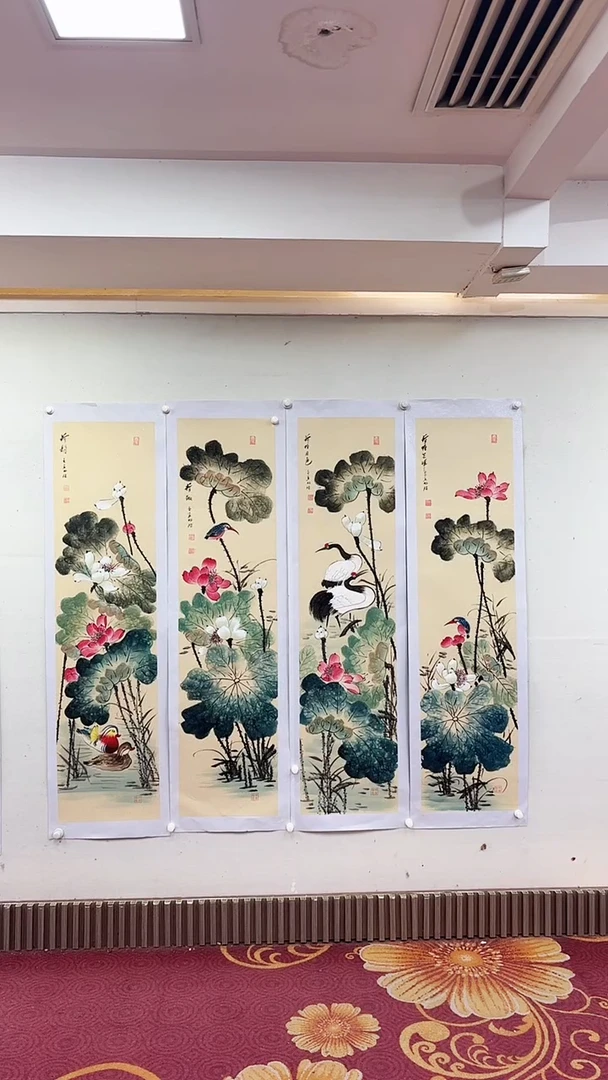 国画仿古松鹤荷花四条屏/雷畅胜