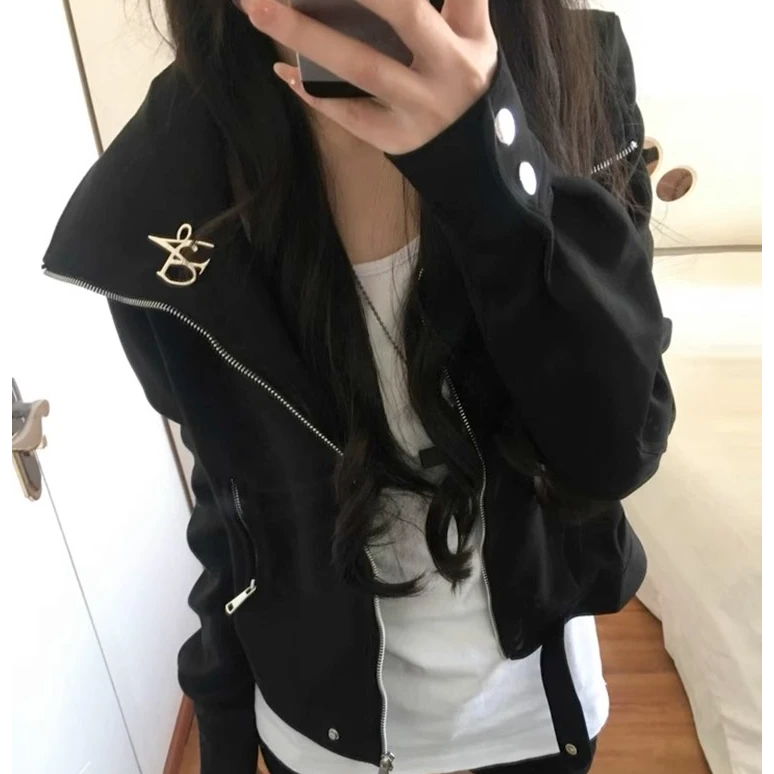 黑色开春短款外套女春季2025年新款高级感小个子休闲显瘦机车夹克