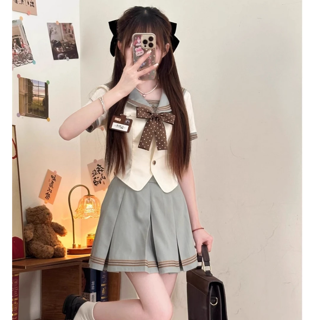 【绿野仙棕】学院风水手服套装女蝴蝶结设计感短裙两件套