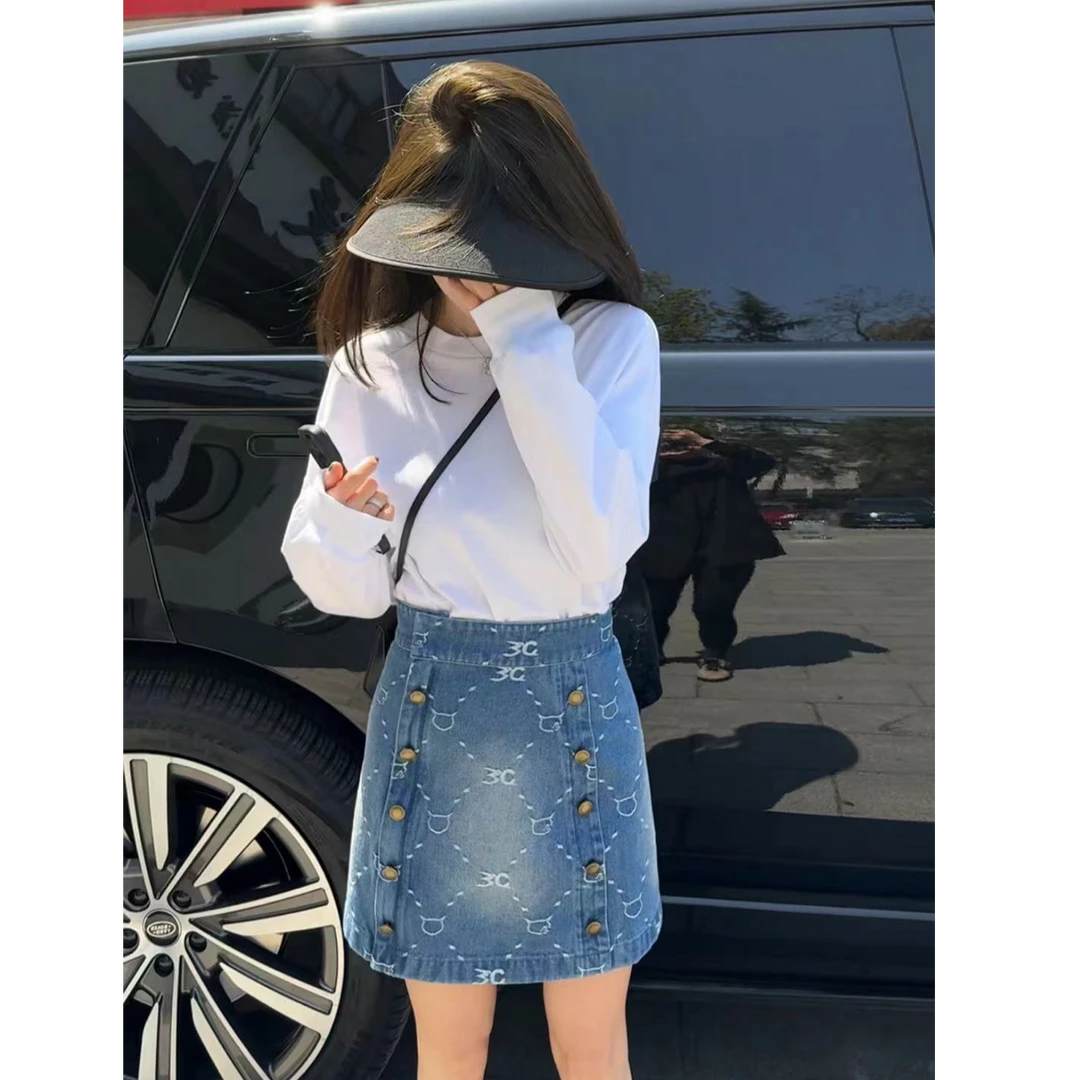 【名衣扬】铜扣牛仔半裙~前双排铜扣花纹设计师款牛仔半裙
