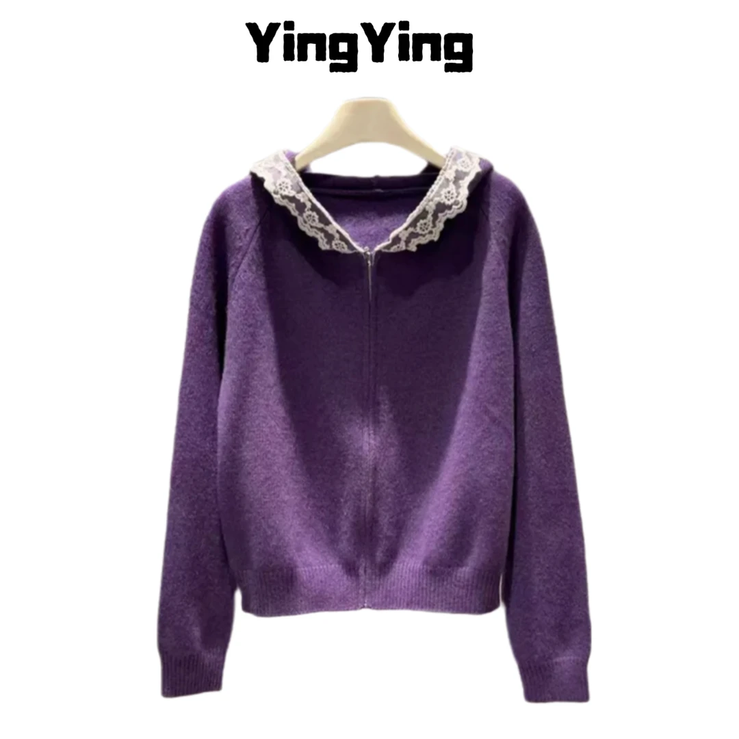 【莹莹家】连帽拼接蕾丝毛衣针织衫新款宽松慵懒风上衣外套
