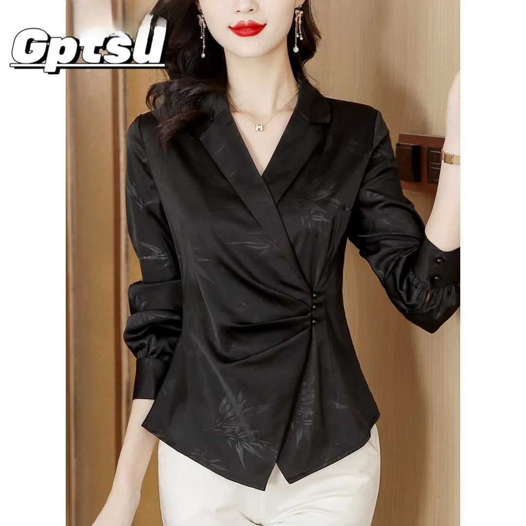 GPTSu黑色缎面衬衫2025秋新款爆款轻奢高级感衬衫不规则收腰上衣