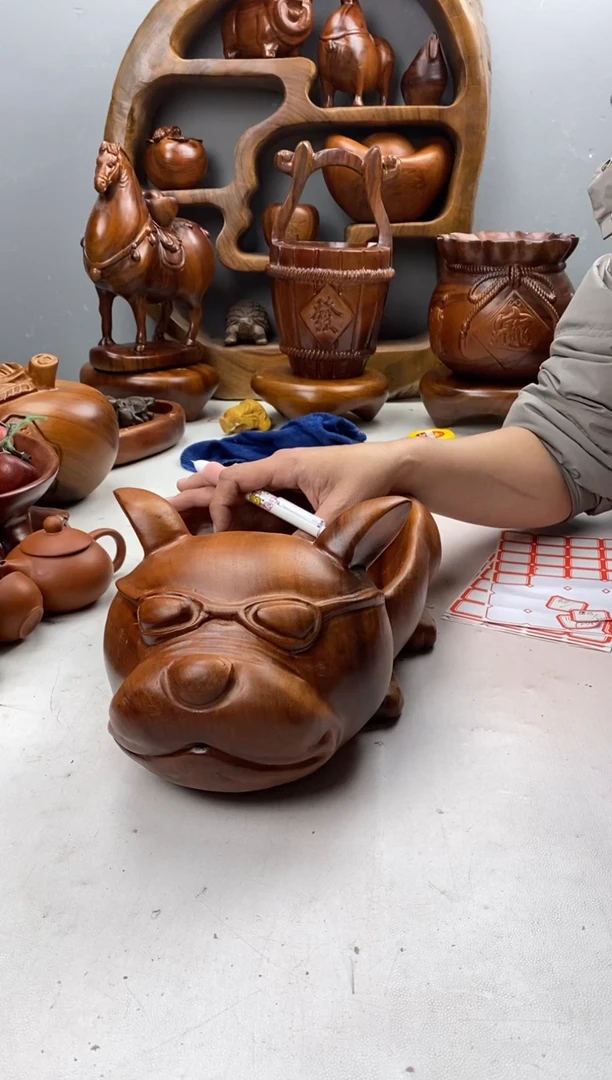 香樟木A52法斗狗狗果盆/尺寸35*22*14