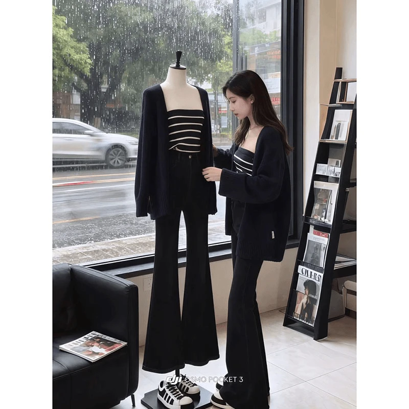 韩信气质休闲慵懒风穿搭一整套秋季新款针织开衫抹胸休闲裤三件套