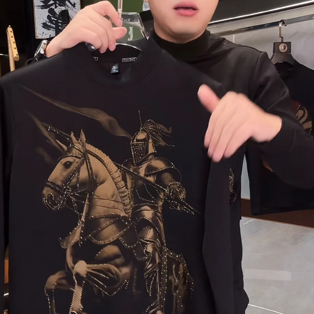 骑马射箭秋冬卫衣修身型圆领黑色免烫长袖重工套装秋季时尚圆领