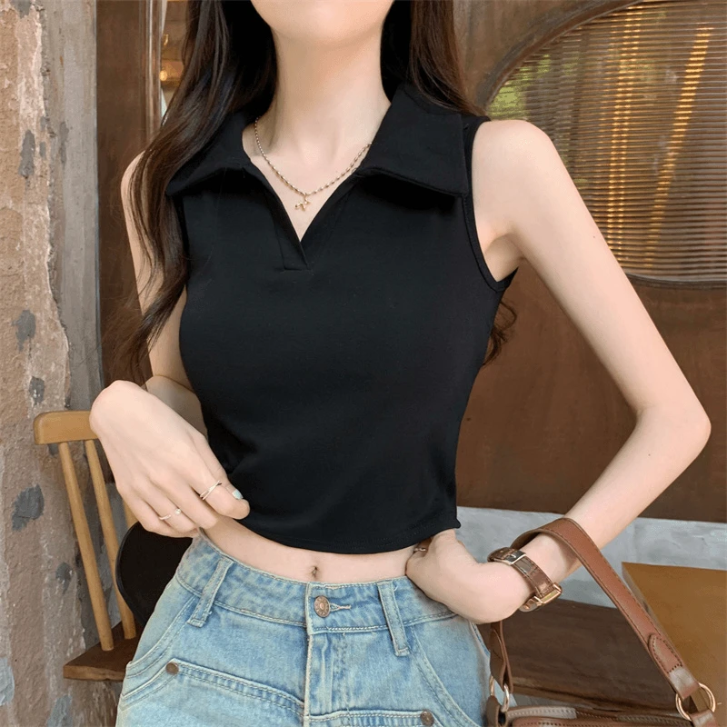 设计感无袖内搭打底衫吊带背心女夏季新款polo领高腰辣妹短款上衣