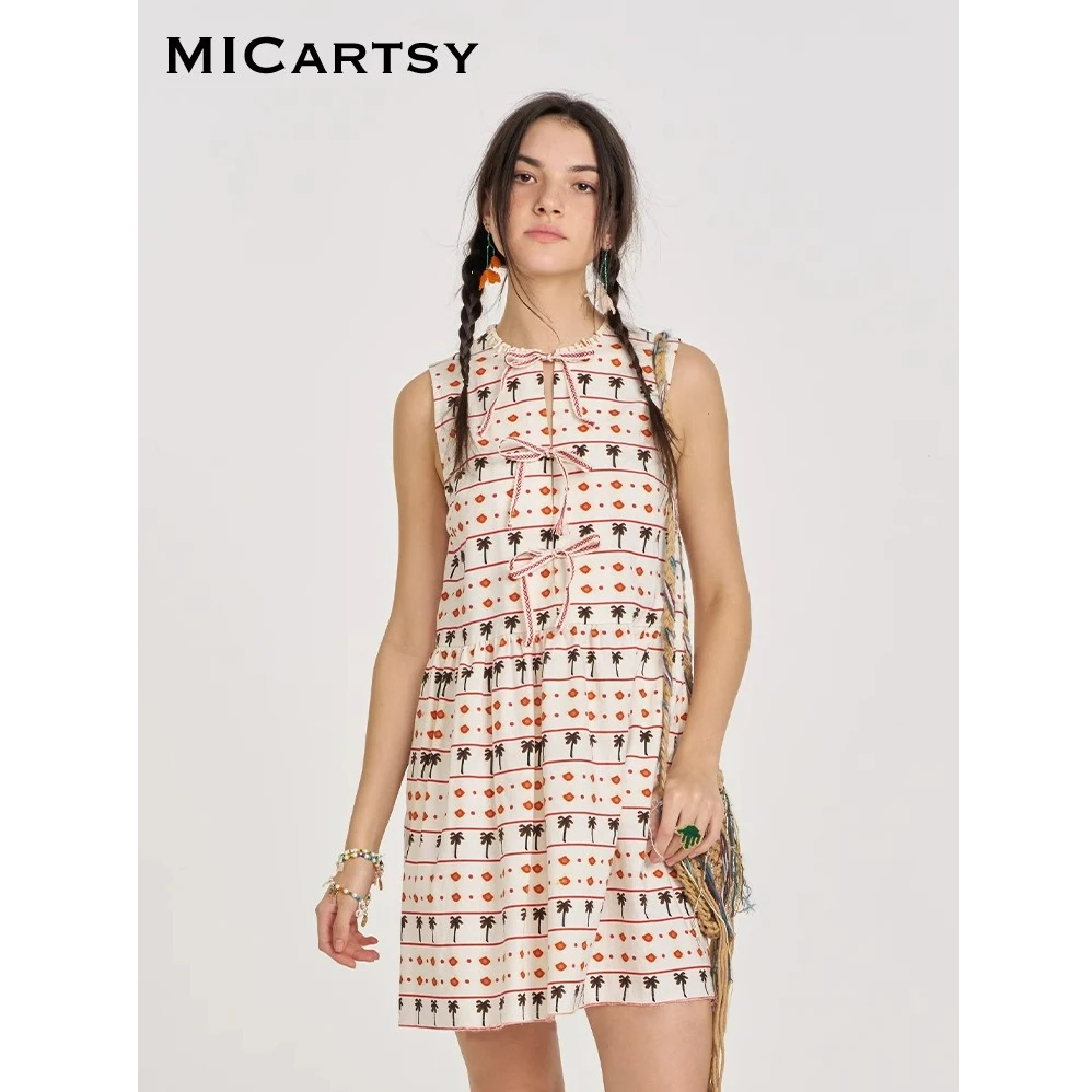 【茉舍】 MICartsy 白色椰子树印花蝴蝶结绑带连衣裙SWS105-1580