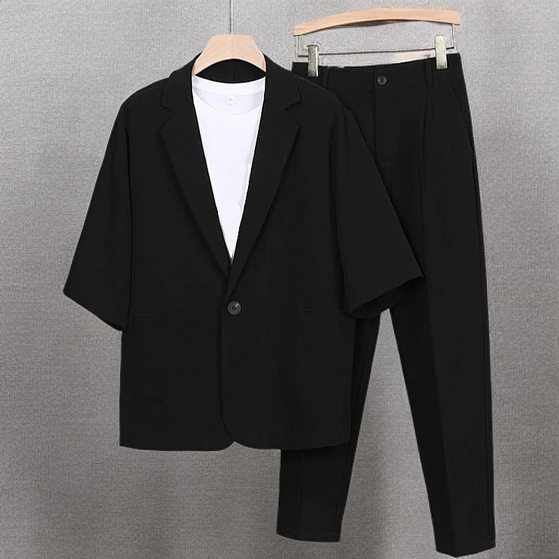 【三件套】夏季西服套装男士西装套装韩版潮流帅气外套痞帅黑色宽松