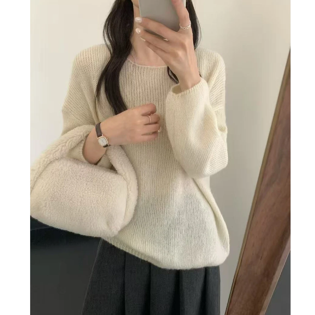 清冷感同款套头毛衣！马海毛纯色宽松慵懒风长袖针织衫 6997