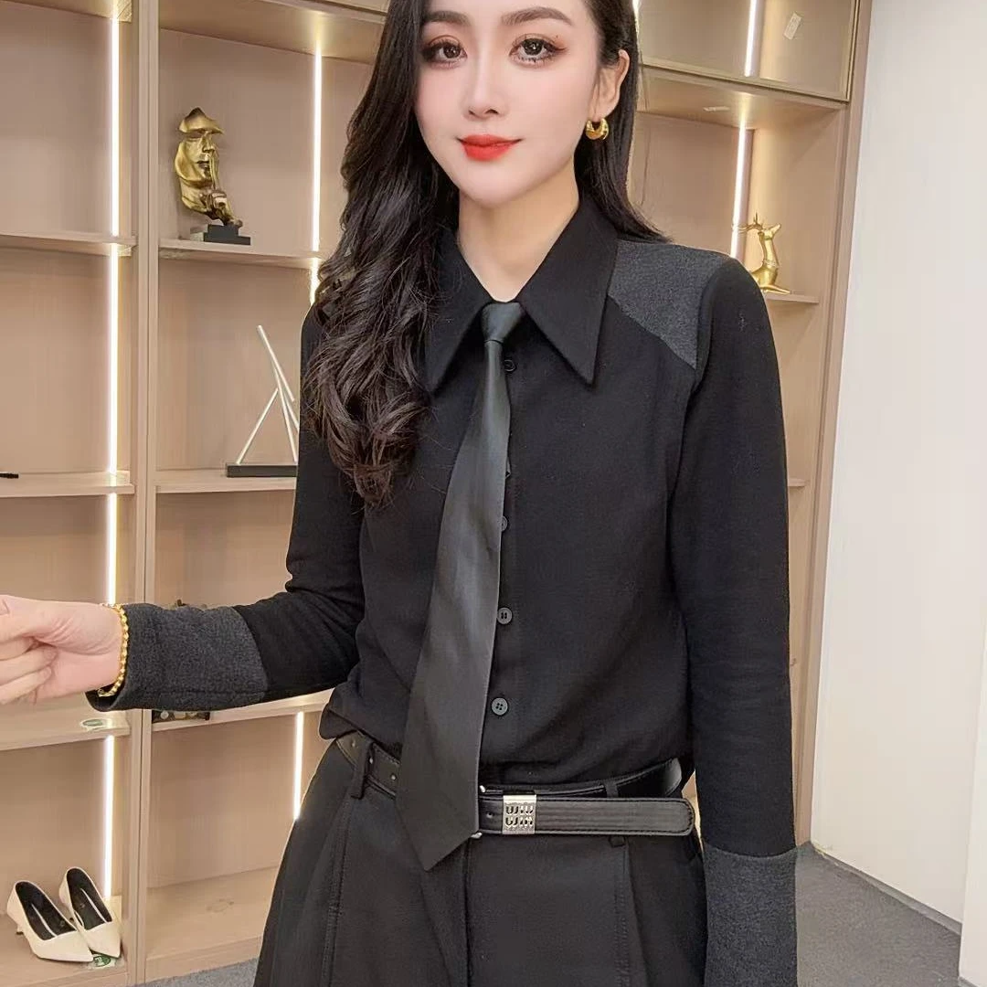 【众帆女装3】冬季加绒显瘦百搭长袖翻领休闲风简约领带时尚衬衫