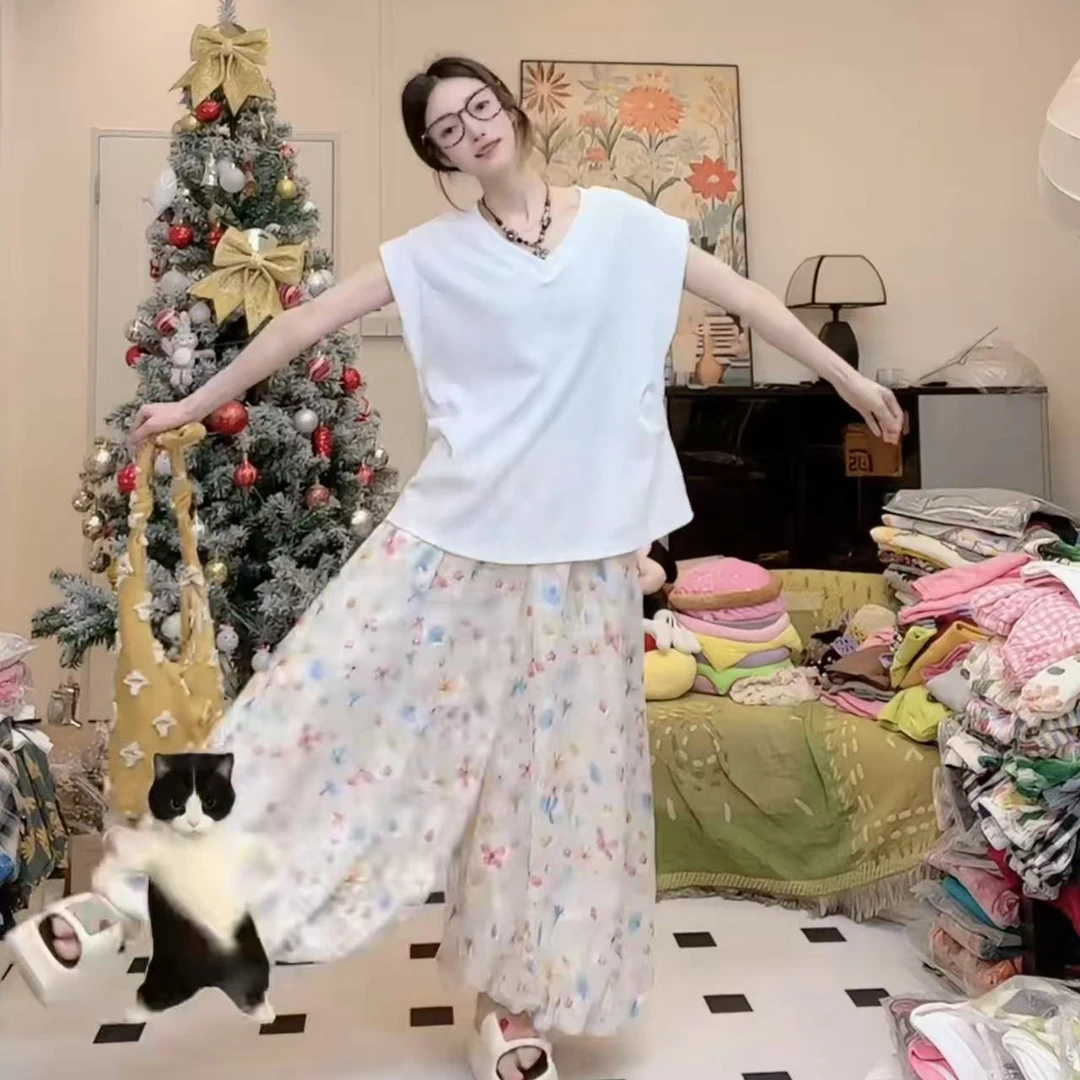 大码女装樱花雨裙裤套装v领显瘦短袖上衣韩版时尚大方休闲