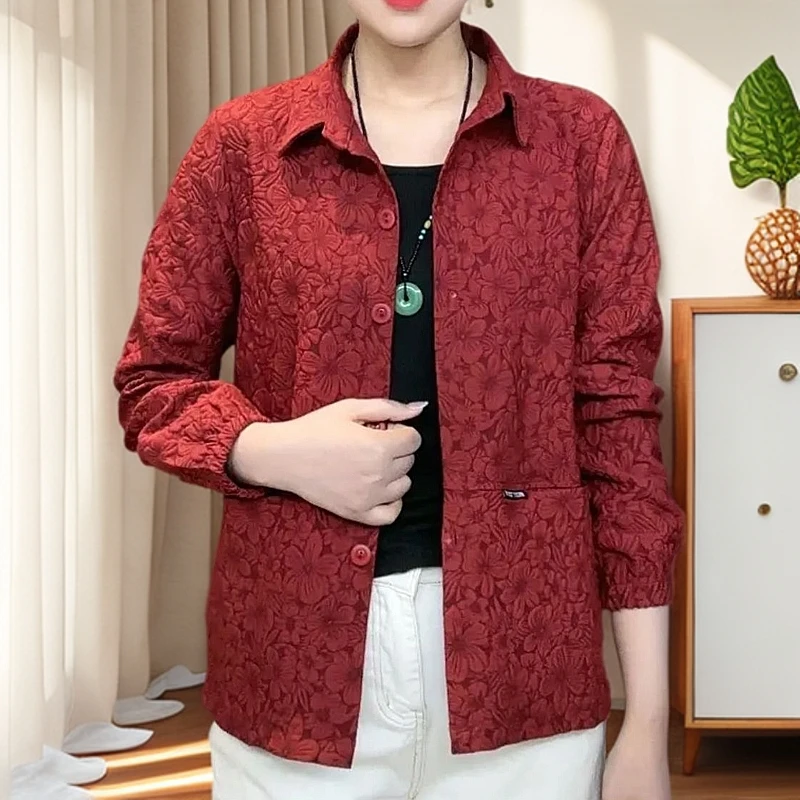 春秋提花休闲POLO领短外套妈妈装长袖时尚宽松夹克春季短款女装