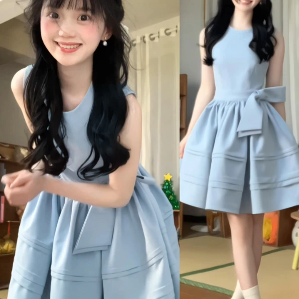 2025新款法式蓝色无袖背心连衣裙子女夏季小个子收腰公主蓬蓬短裙