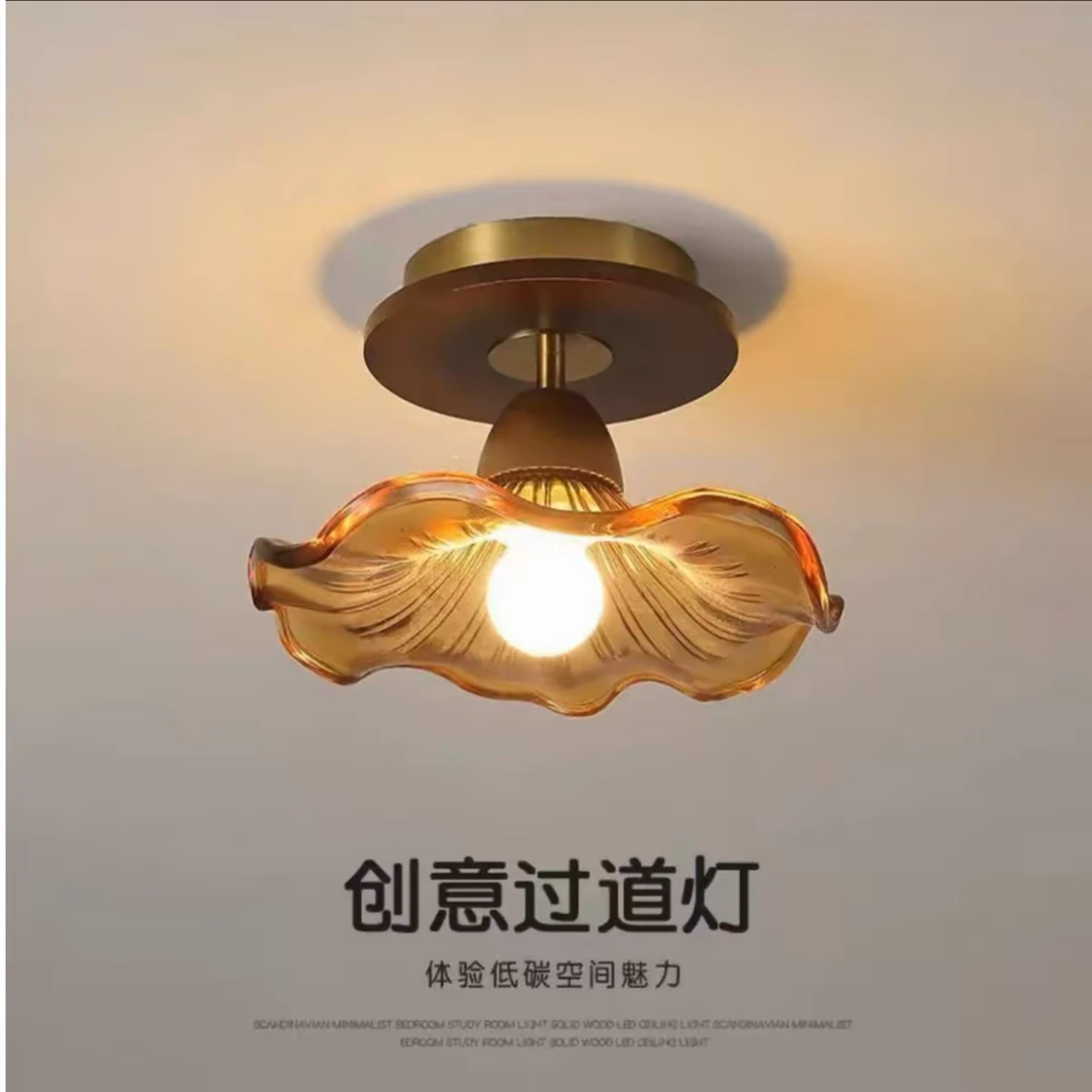 新中式复古荷叶吸顶北欧简约餐厅灯具玄关阳台吧台过道黄铜玻璃灯
