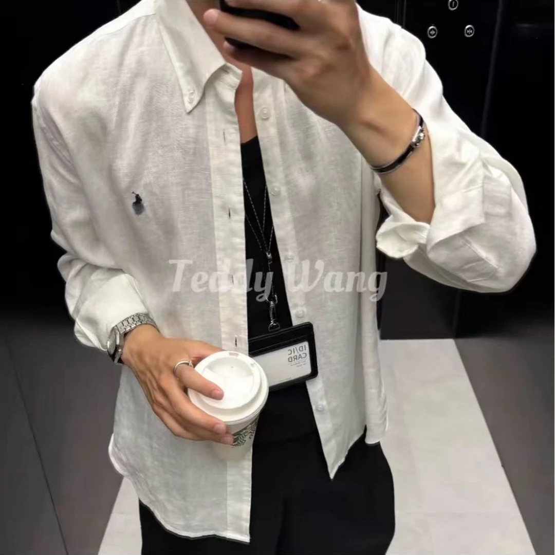 小马刺绣新款亚麻雨露麻男女同款长袖衬衫-文