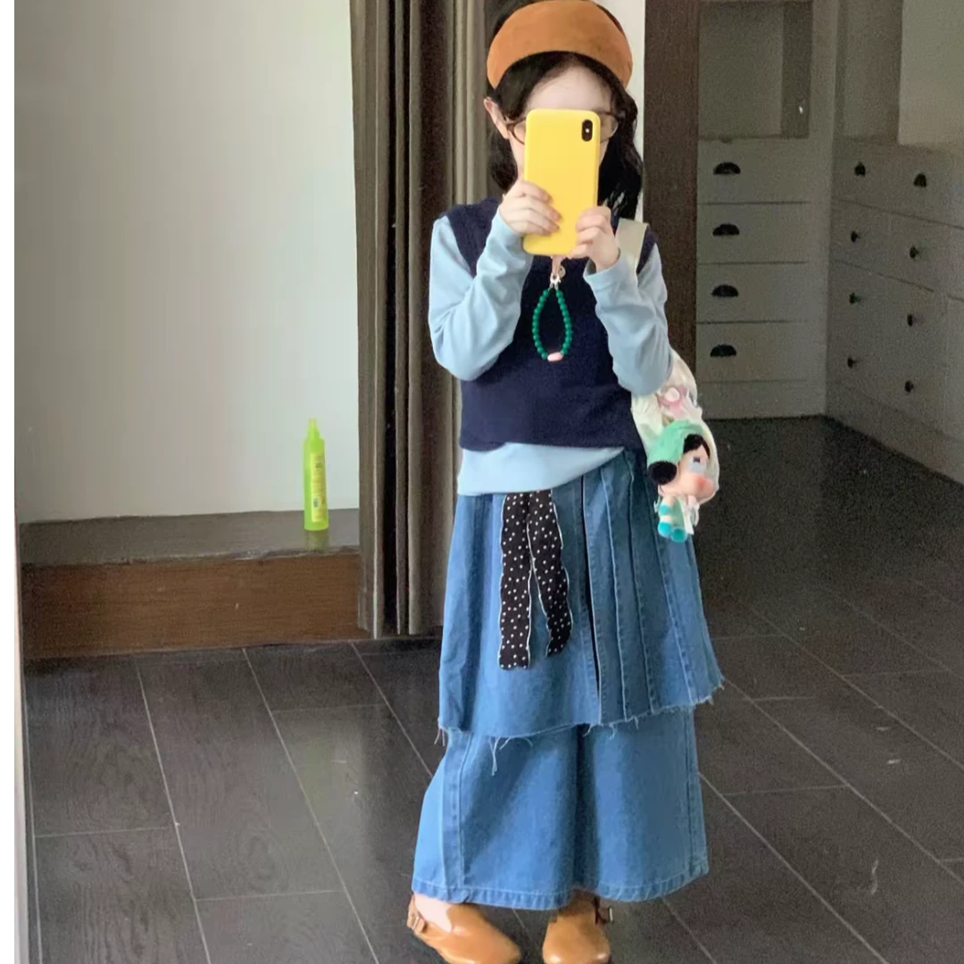 【安安家】韩版女童秋季纯色打底上衣针织背心牛仔裙裤三件套R25502