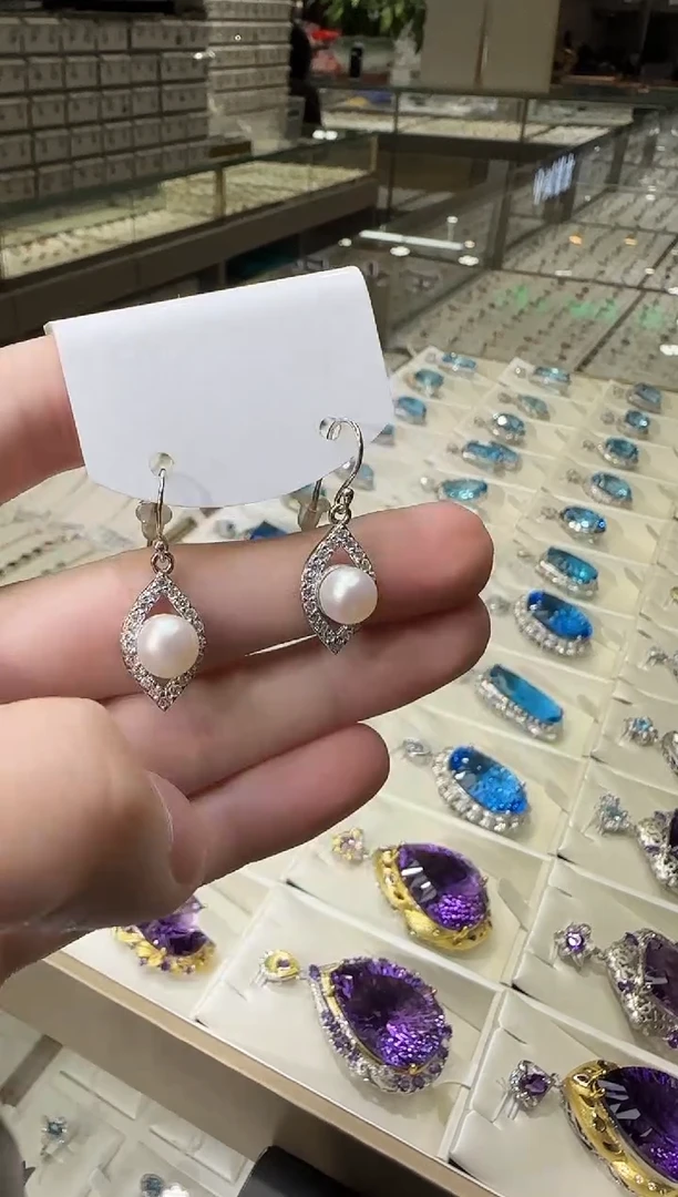 银S925镶嵌耳饰淡水珍珠耳钩款6mm