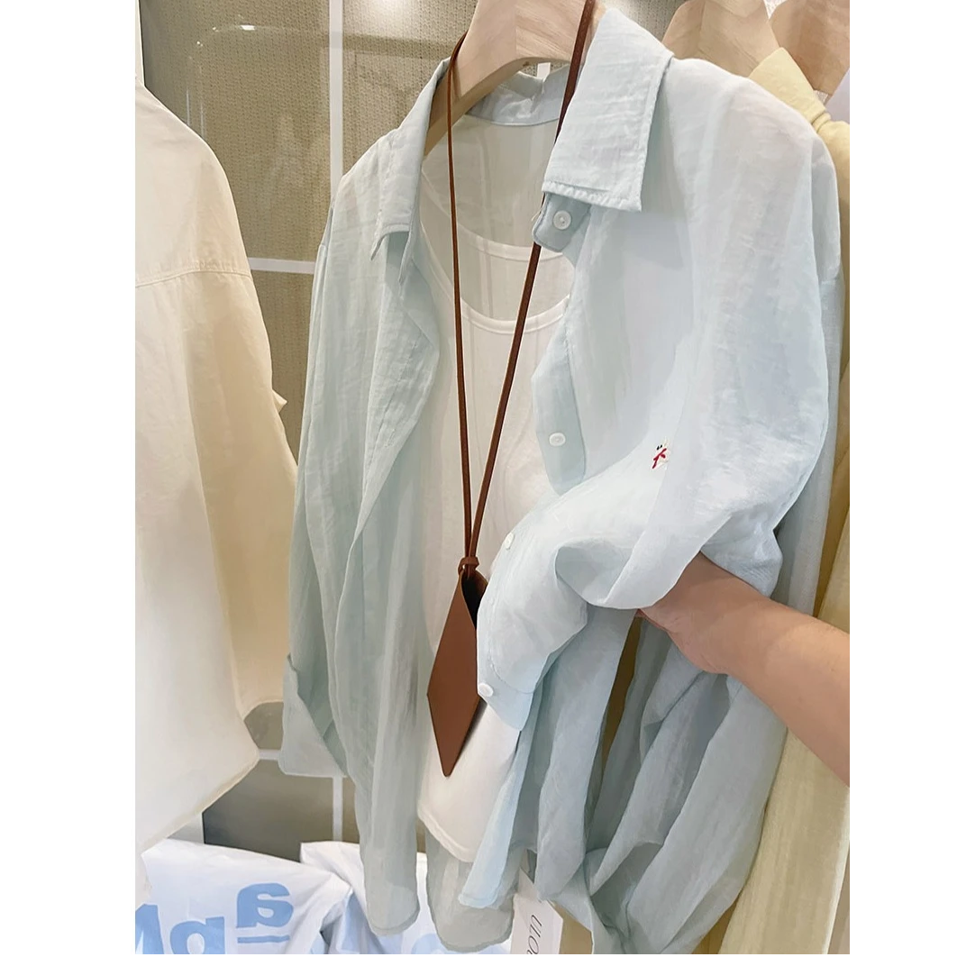 韩版设计感小狗刺绣防晒衬衫女宽松显瘦中长款衬衣上衣赠送头花