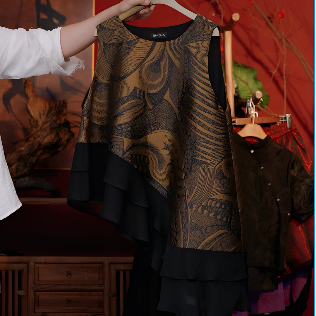 【东方雅韵】Y23058-1黑金哑光刺绣提花不规则下摆拼接马甲上衣