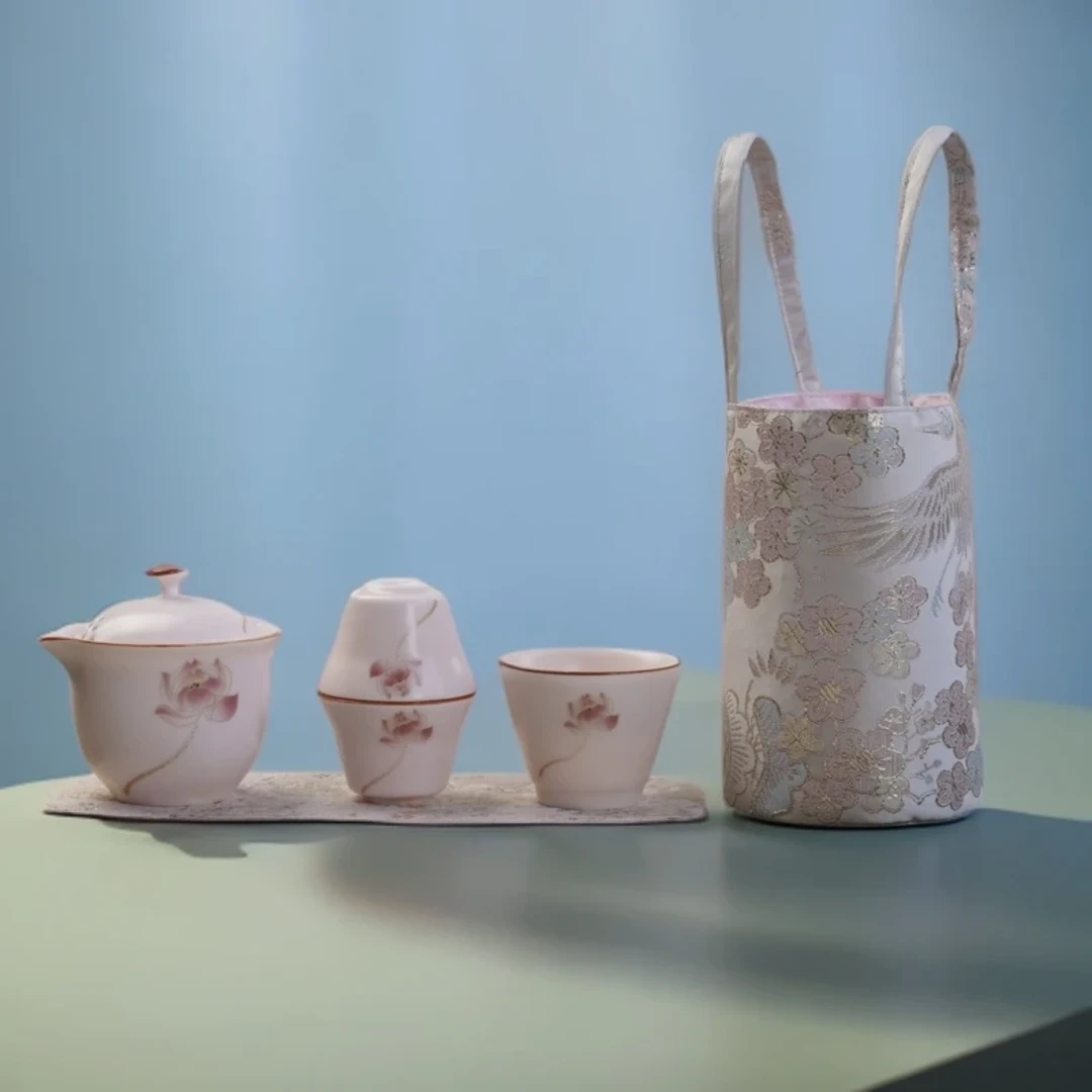 【沉鱼】粉色便携式女士旅行茶具户外功夫茶具泡茶壶伴手礼-B0999