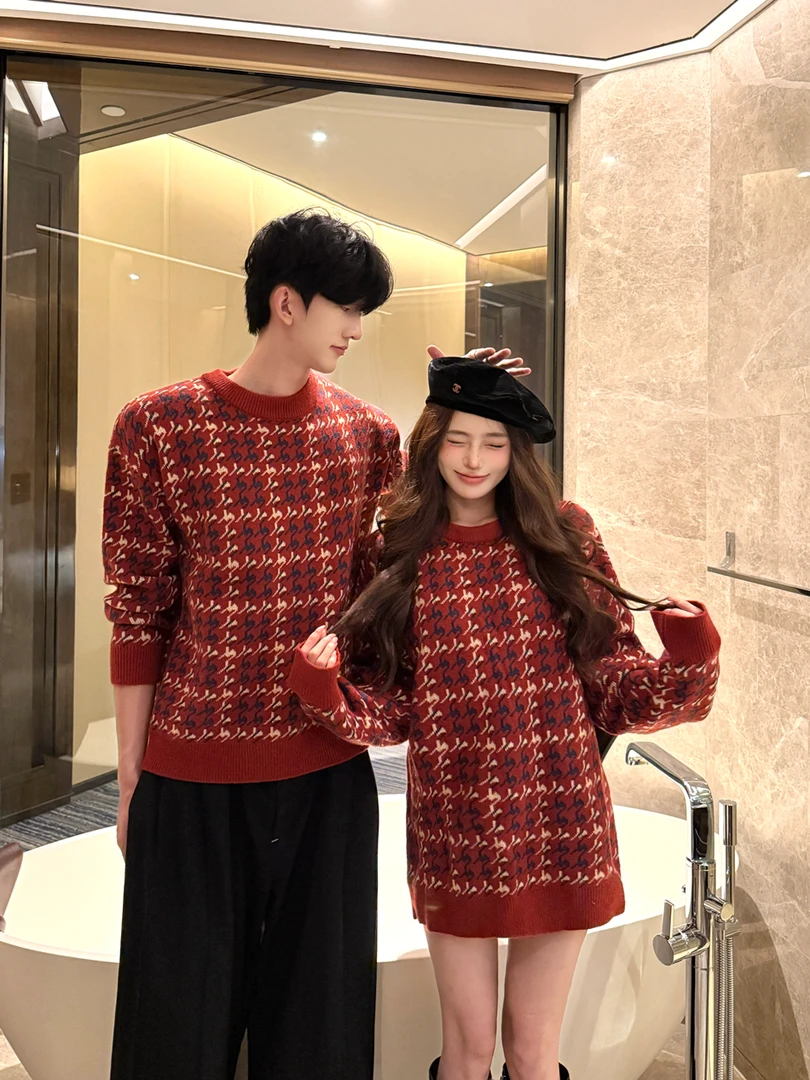 情侣装秋冬红色过年休闲风格子厚款针织衫宽松毛衣