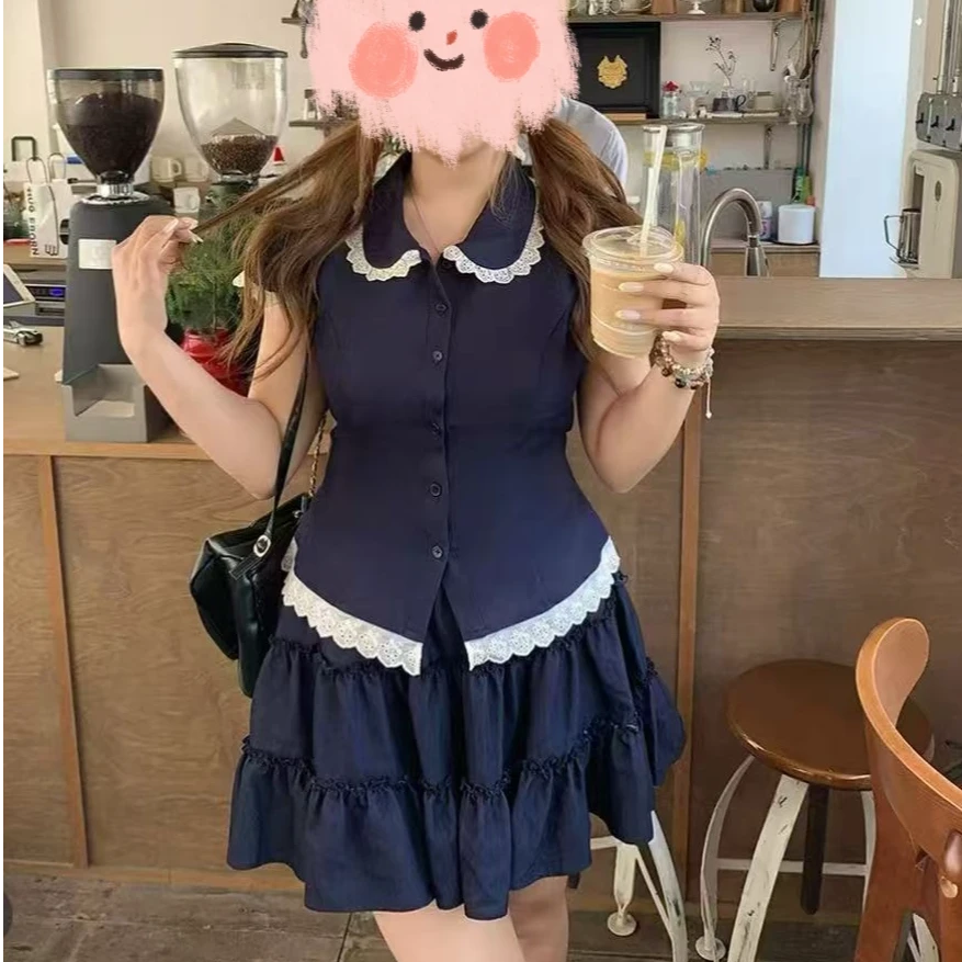【陈鱼白专属】大码微胖花边衬衫短裙学院风两件套短88100#长88101#