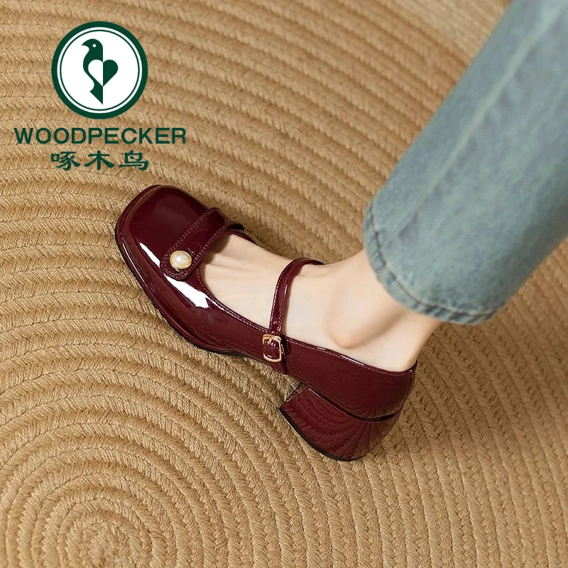 啄木鸟复古一字带扣玛丽珍鞋法式春方头浅口粗跟单鞋女珍珠高跟鞋