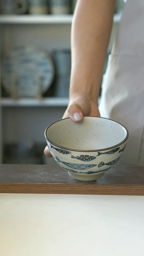 粗陶手作手绘好多鱼12cm米饭碗@4-2@