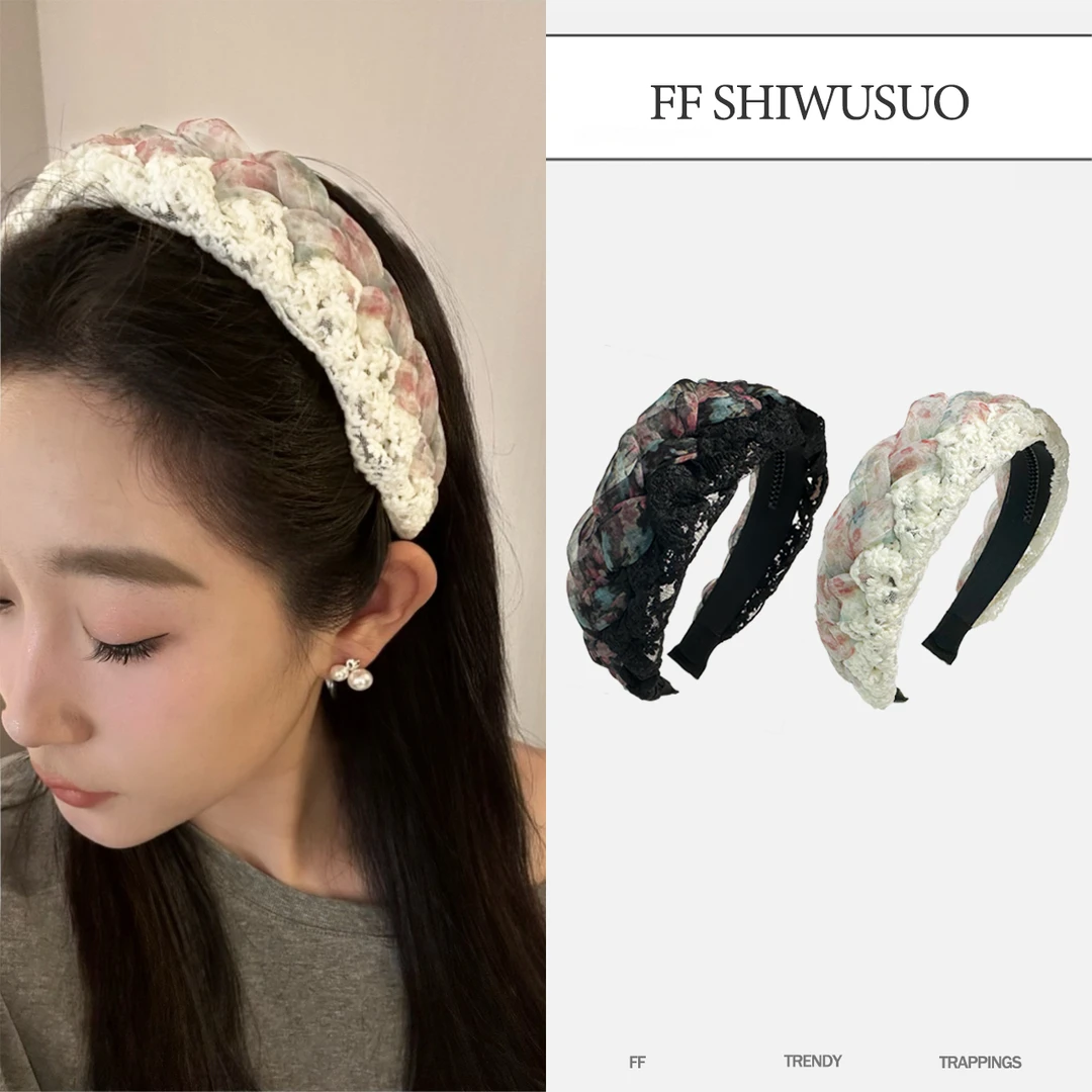 FF 高品质欧根纱蕾丝编织麻花小众高颅顶氛围感设计感宽边发箍