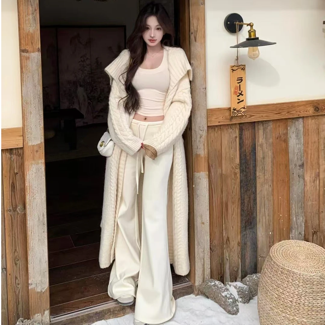 法式复古温柔风麻花翻领长款针织开衫女秋冬宽松慵懒百搭毛衣外套