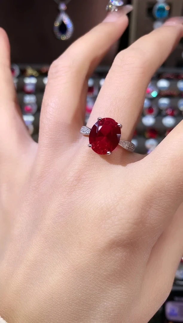 无925银鸽血红色戒指