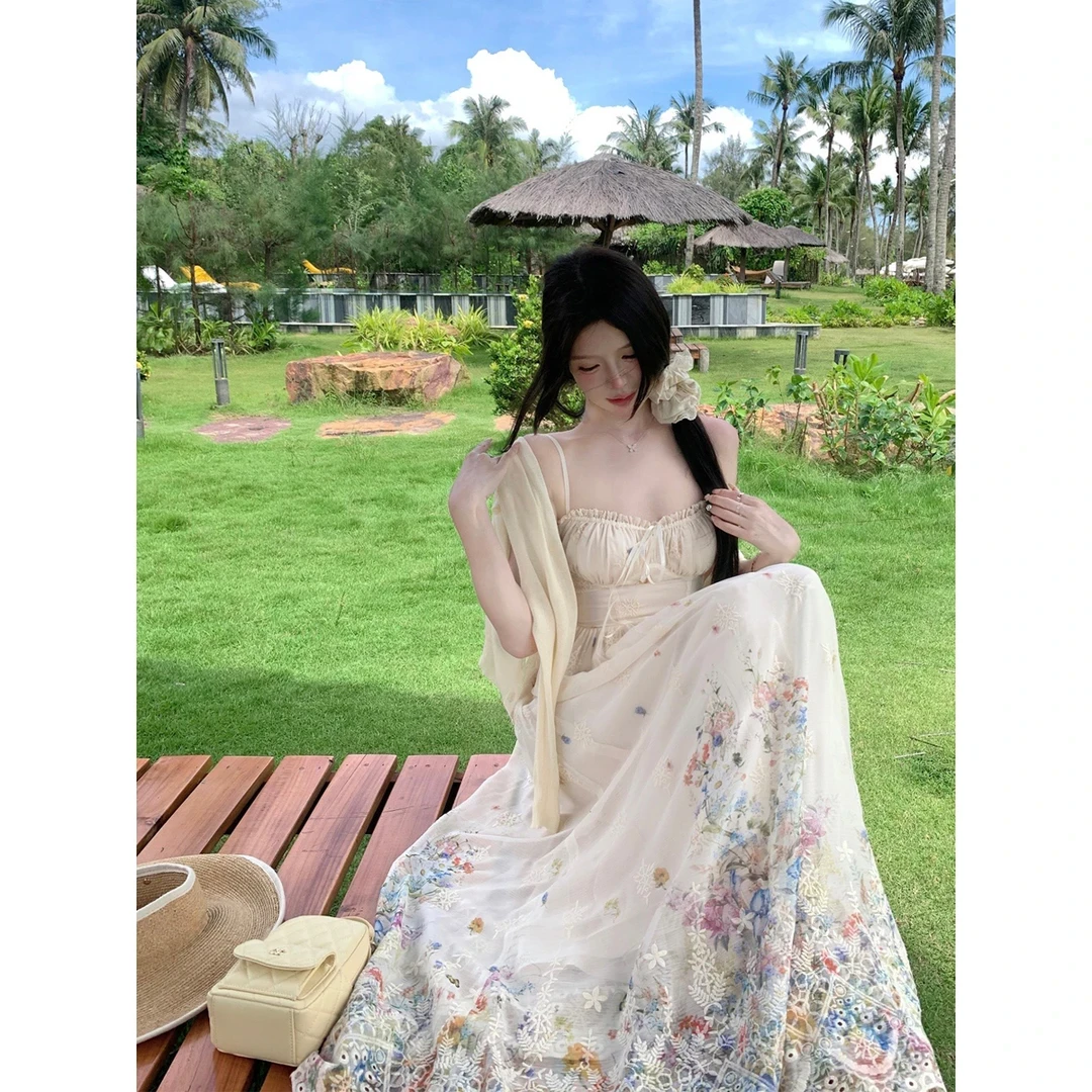 【美神降临】纯欲风夏季渐变印花雪纺吊带连衣裙女收腰显瘦长裙