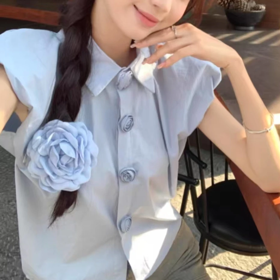 【艾萱萱】25916款韩系设计感立体花朵宽松百搭短款衬衫女 约49约49