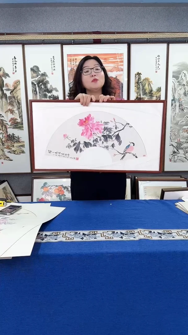 国画叮****爱精品（花鸟扇面）实木画框 43*78