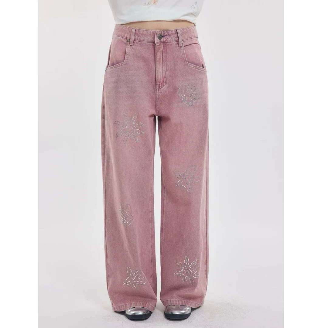 OooF！Yang【主理人专属】粉色烫钻牛仔裤
