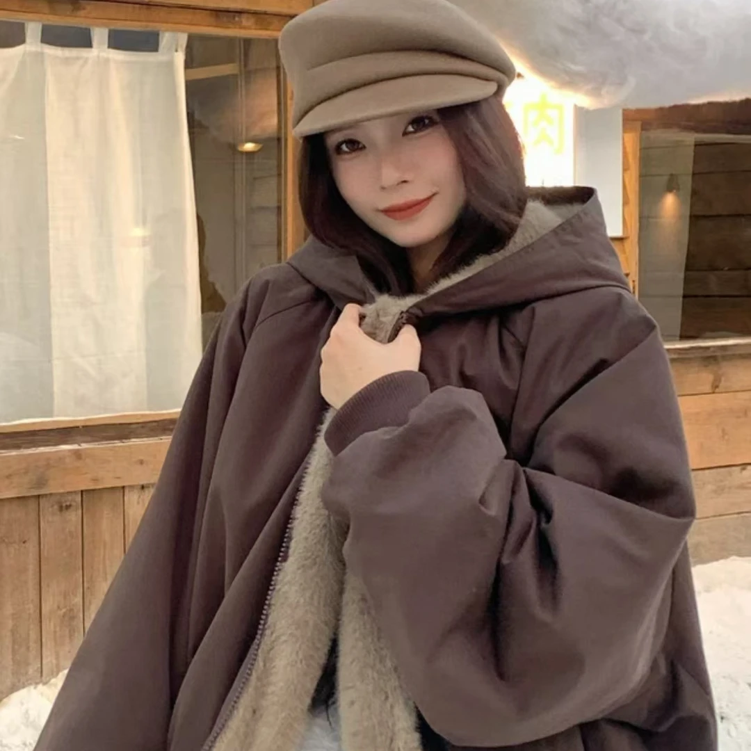 两面穿气质长袖中长款棉服厚款常规连帽时尚宽松型带帽休闲