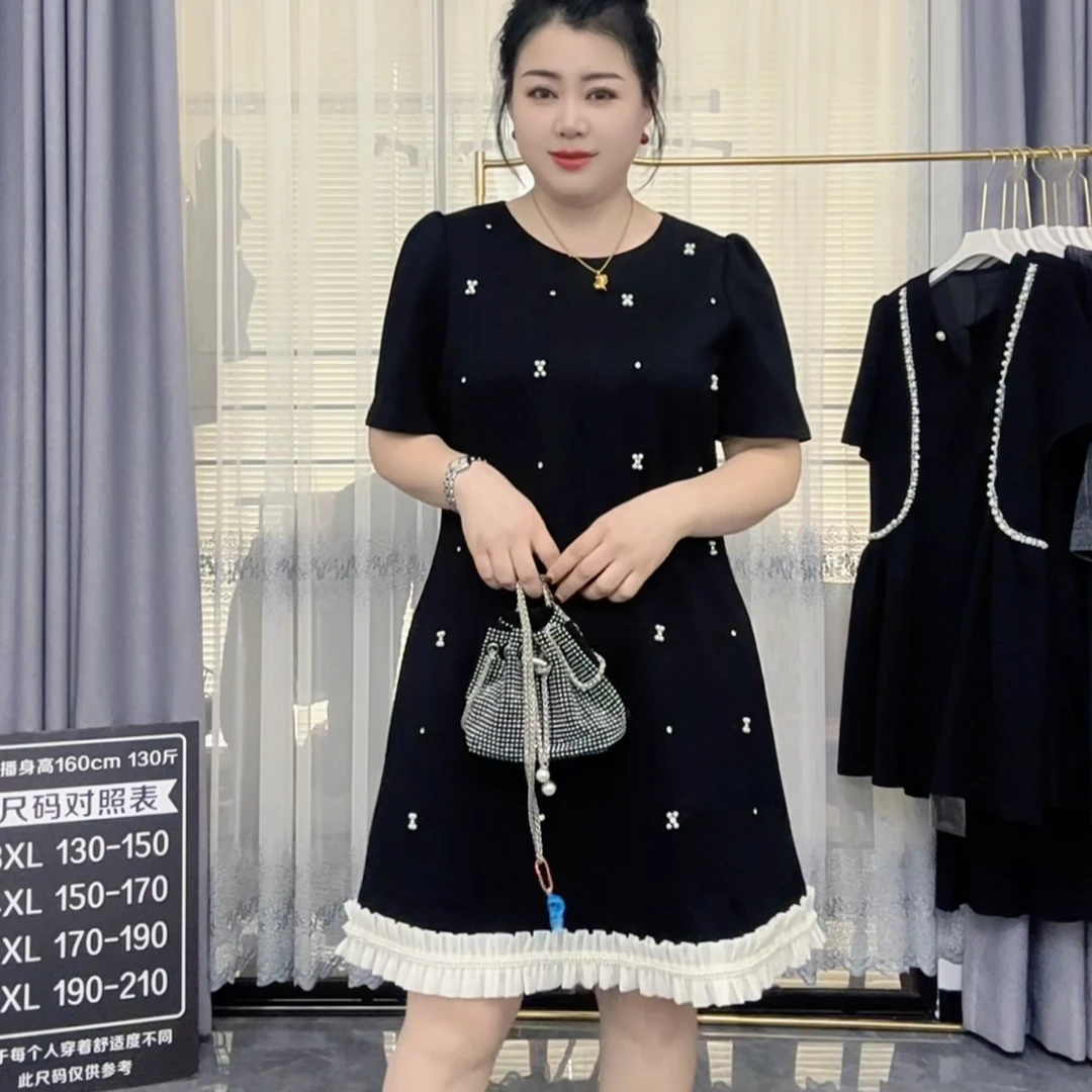 胖妹妹大码女装夏季钉珠花边减龄宽松时尚连衣裙 圆领半袖a版显瘦