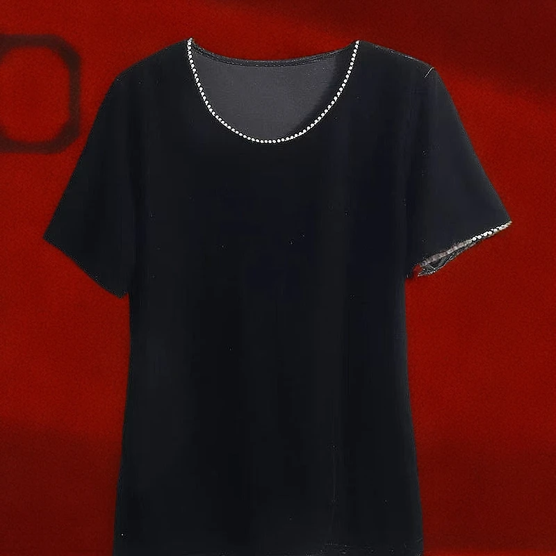 <<非遗美学>>100桑蚕丝丝绒短袖宽松V领珍珠百搭上衣1121