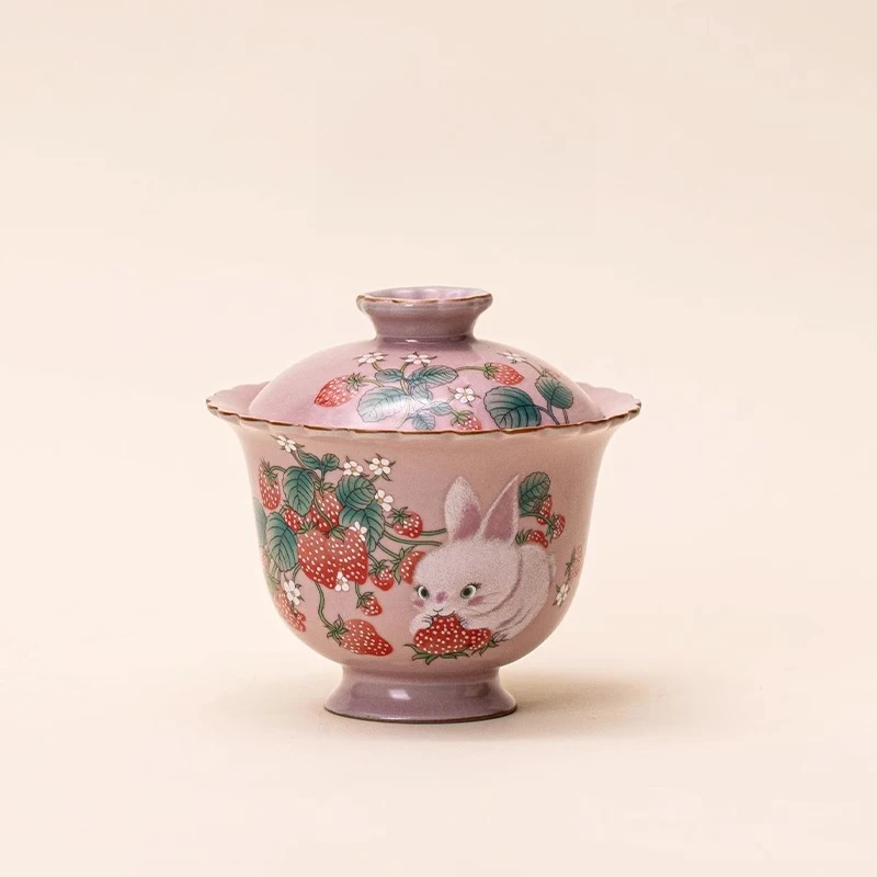 粉汝窑二才盖碗单个高端开片可养大容量泡茶碗功夫茶具泡茶器