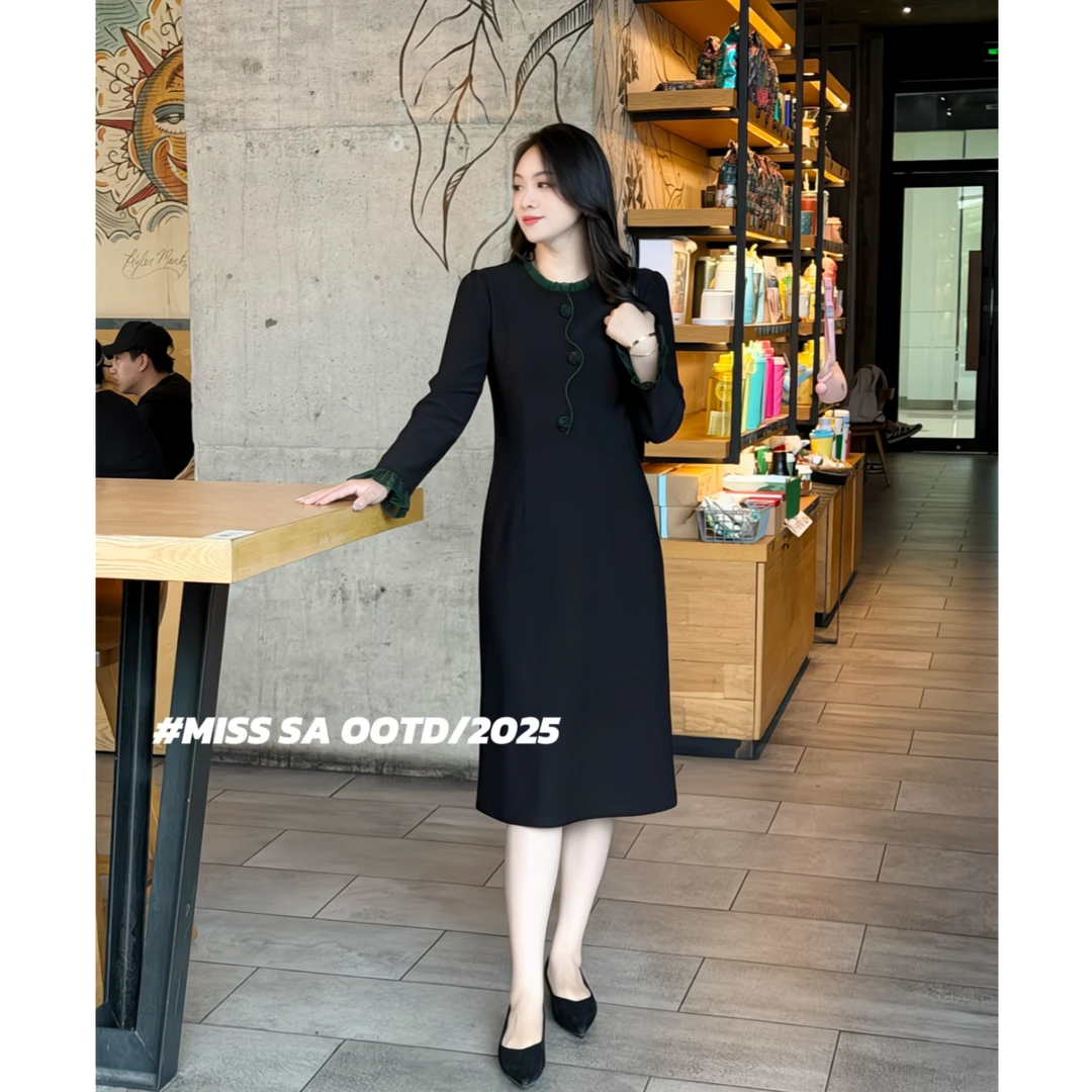 MISS SA 显瘦高腰撞色木耳边连衣裙女秋季新款长袖裙子 25099510