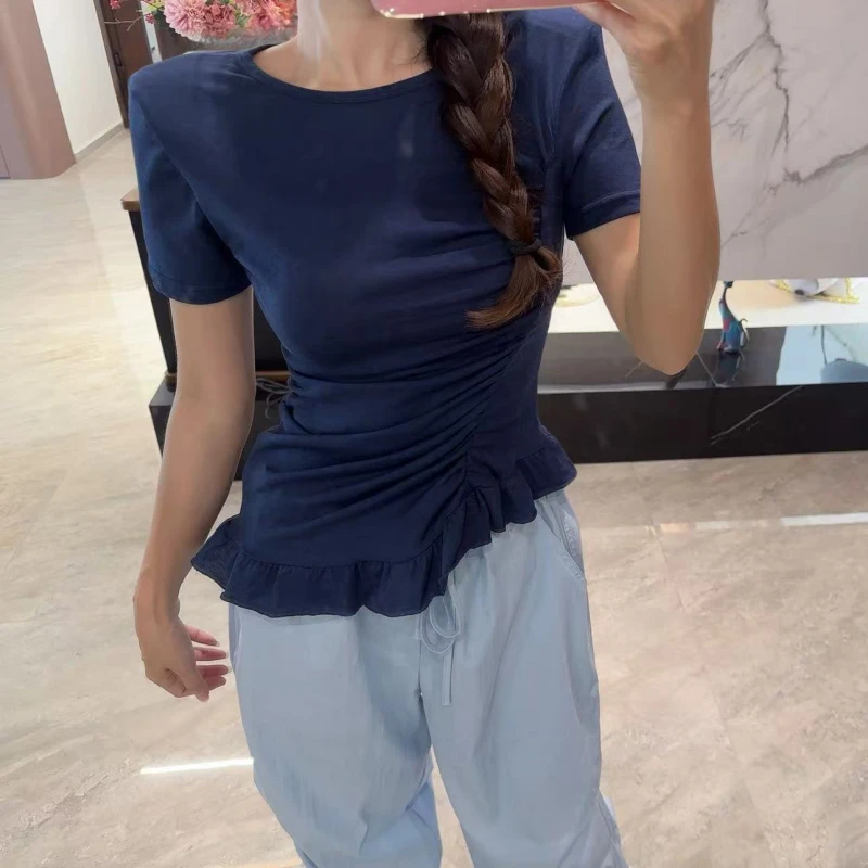 【逸动佳人】泡菜定制显瘦遮肉荷叶边收腰短袖上衣