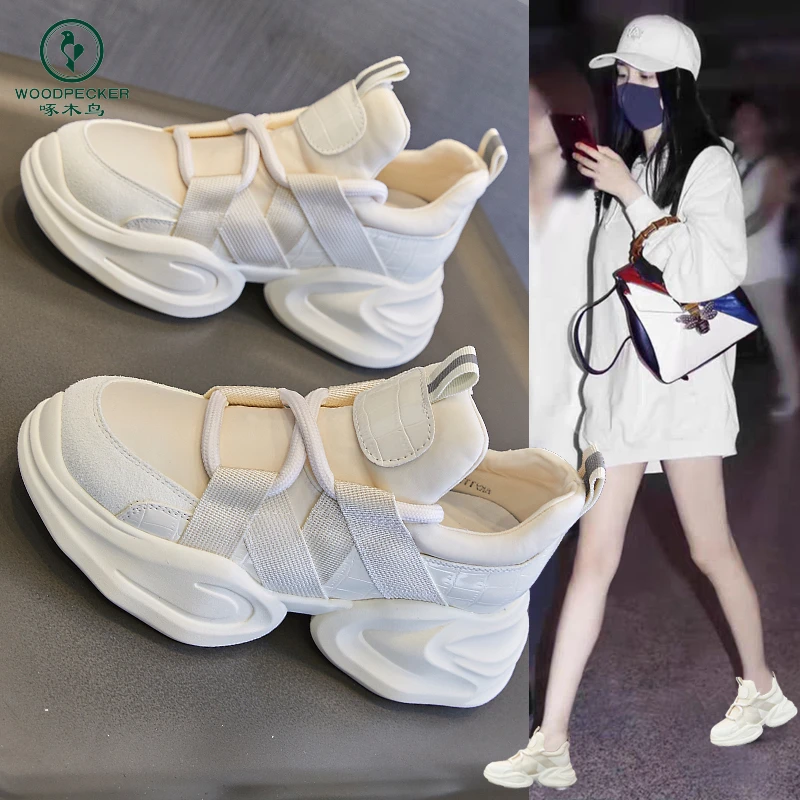 啄木鸟厚底内增高老爹鞋女2025春季新款百搭小白鞋松糕休闲运动鞋