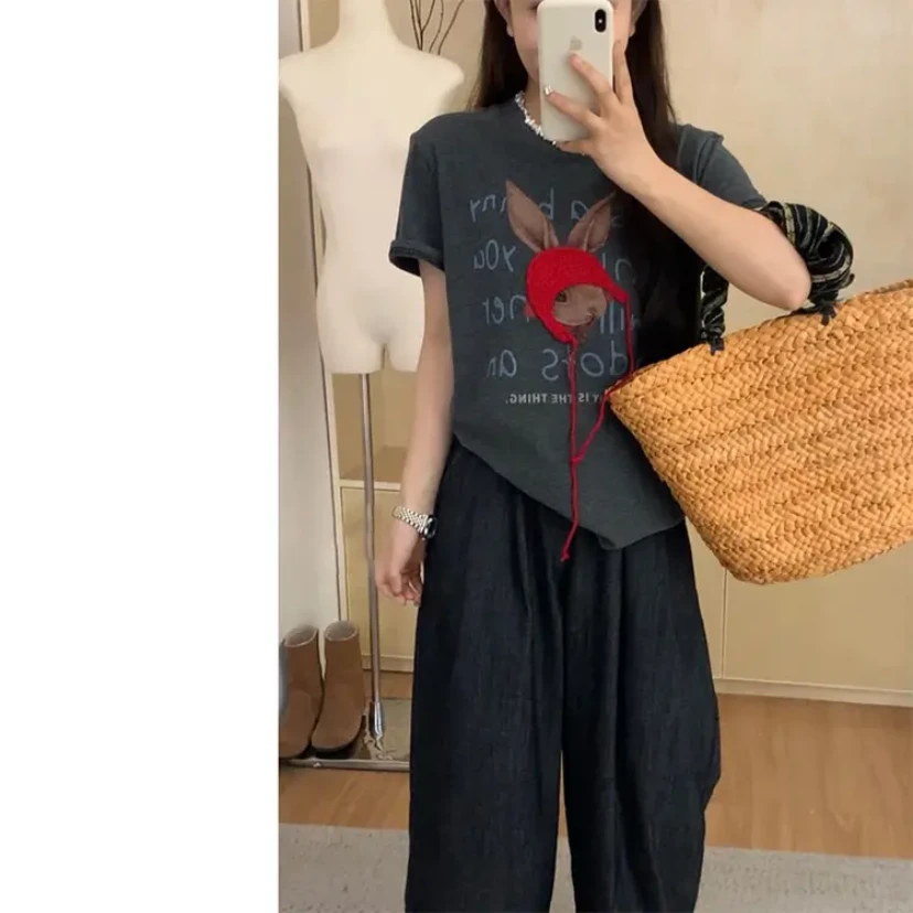 春夏季新款设计感红帽图证件短袖T恤女韩系小众宽松减龄上衣8010