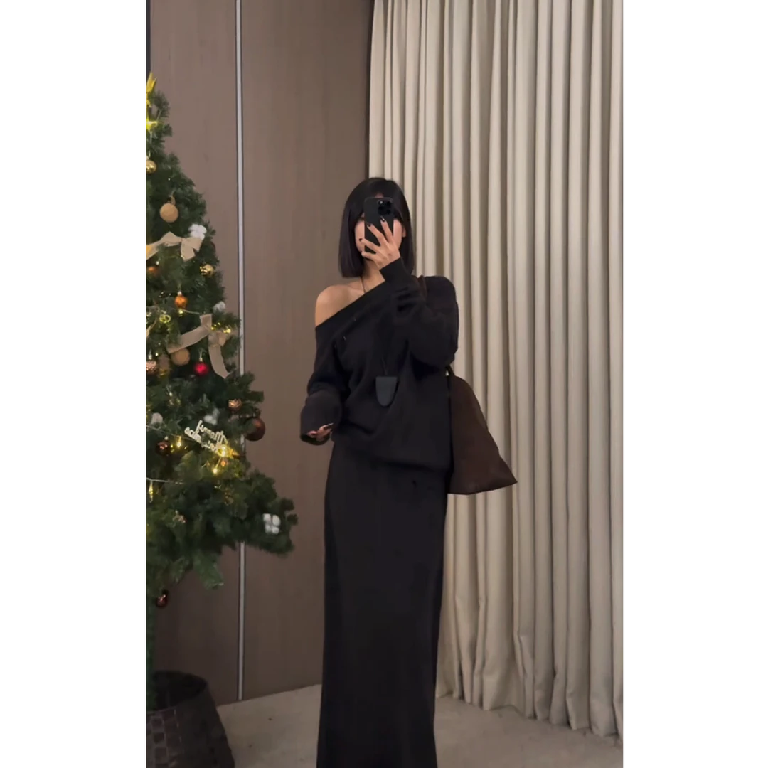 【ZZ严选】67726慵懒风一字斜肩套头针织衫女宽松高腰半身裙